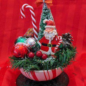 Santa Arrangement With Vintage Santa, Depression Glass Plate, And Vtg.Tree Balls